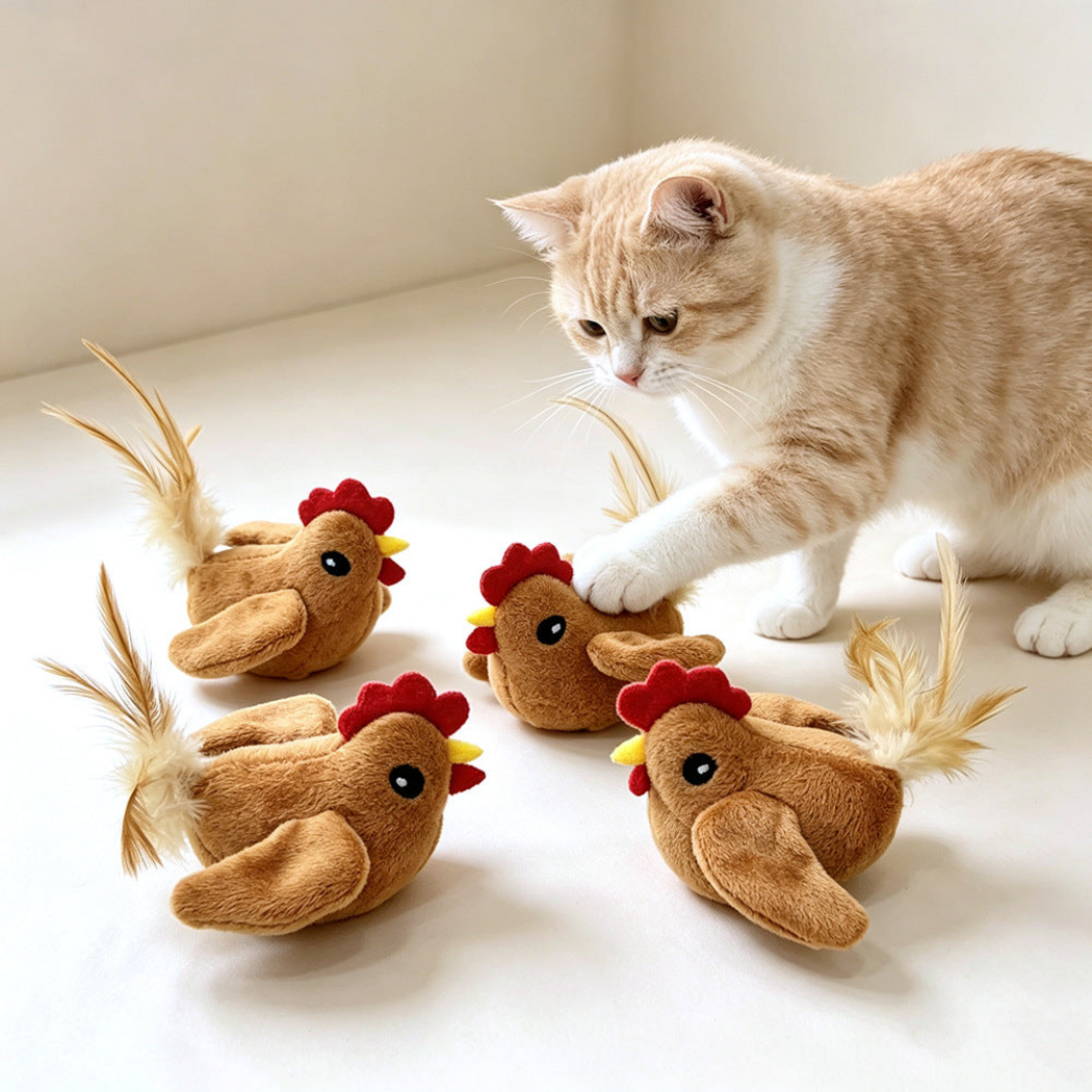 Cat touching a brown Rooster cat toy among feather-tailed toys