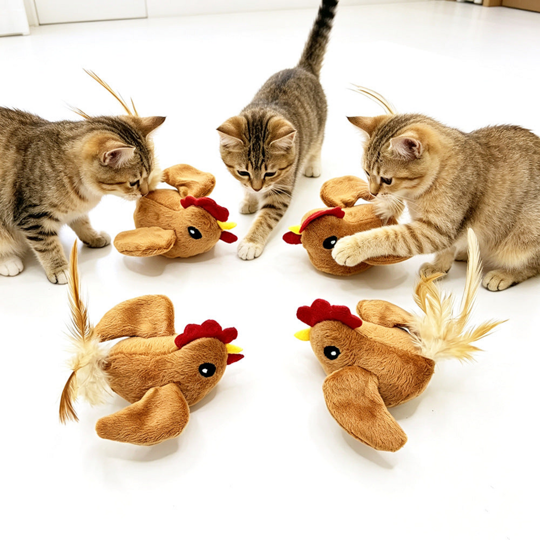 Three cats gathered around brown Rooster cat toys with feather tails