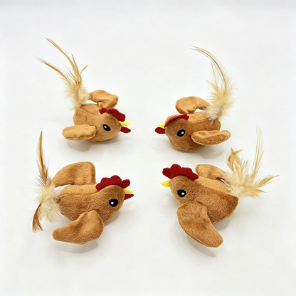 Brown Rooster cat toys showing wings, red combs and cream-and-tan feather tails