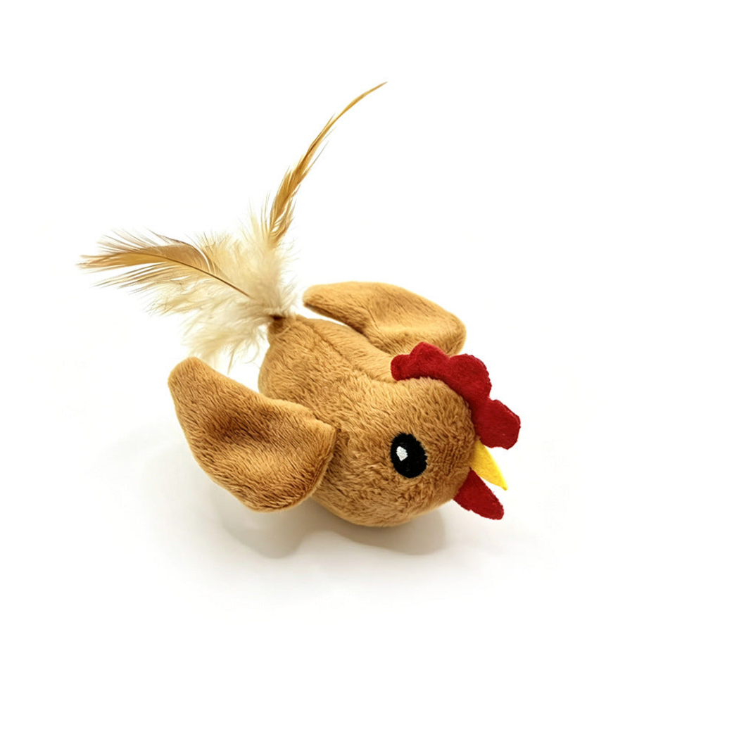 Rooster cat toy with brown body, red comb, yellow beak and feather tail