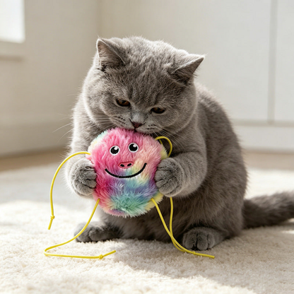 Gray cat holding a furry smiling cat toy with yellow cords