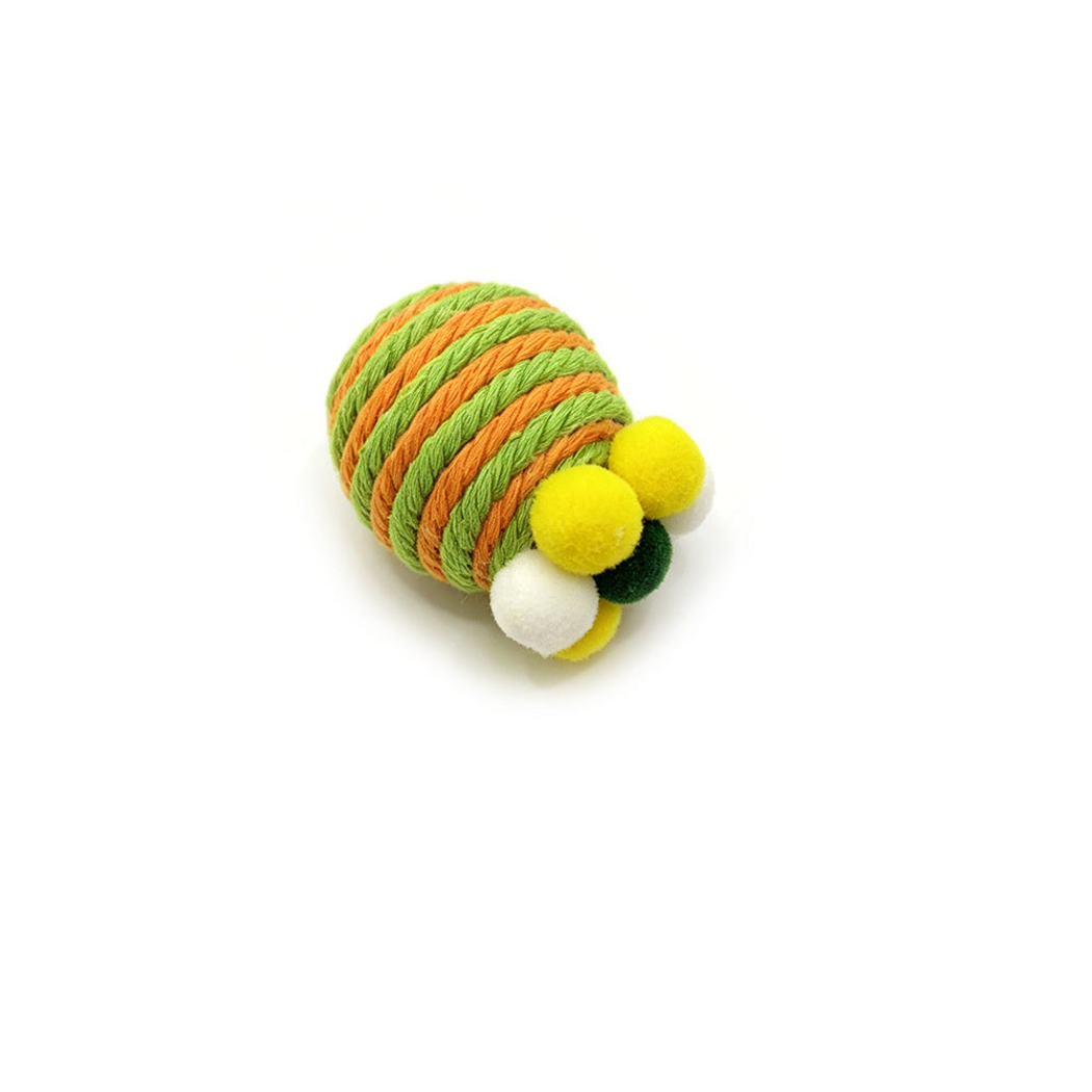 Orange cat toy with green and orange striped wrapping and pom-poms