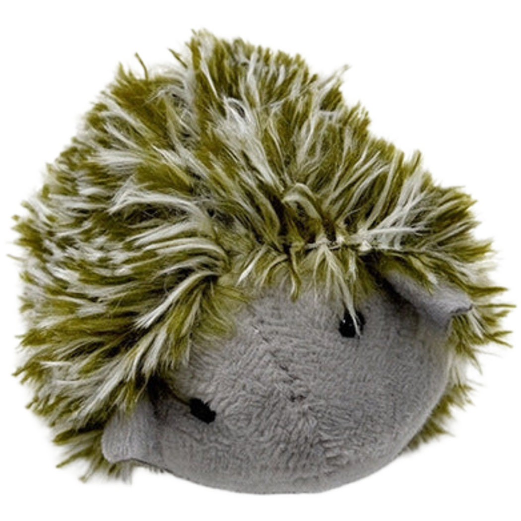 Khaki hedgehog-shaped cat toy with shaggy strands, rounded ears and black dot eyes