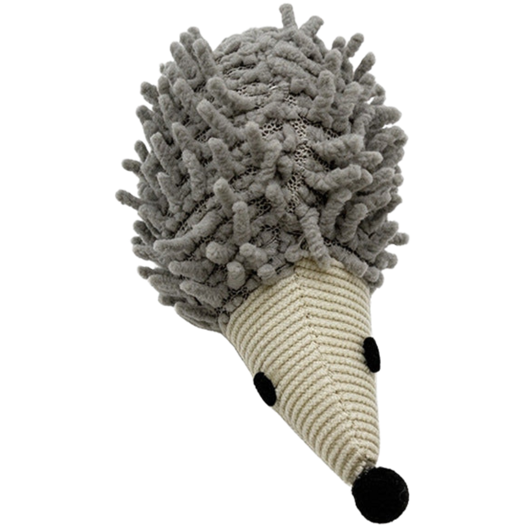 Gray hedgehog cat toy with a tufted body, cream ribbed snout and black nose