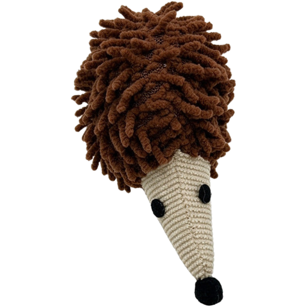 Brown hedgehog cat toy with a tufted body, cream ribbed snout and black nose