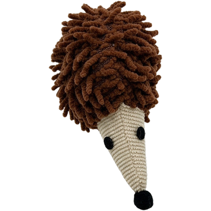 Brown hedgehog cat toy with a tufted body, cream ribbed snout and black nose