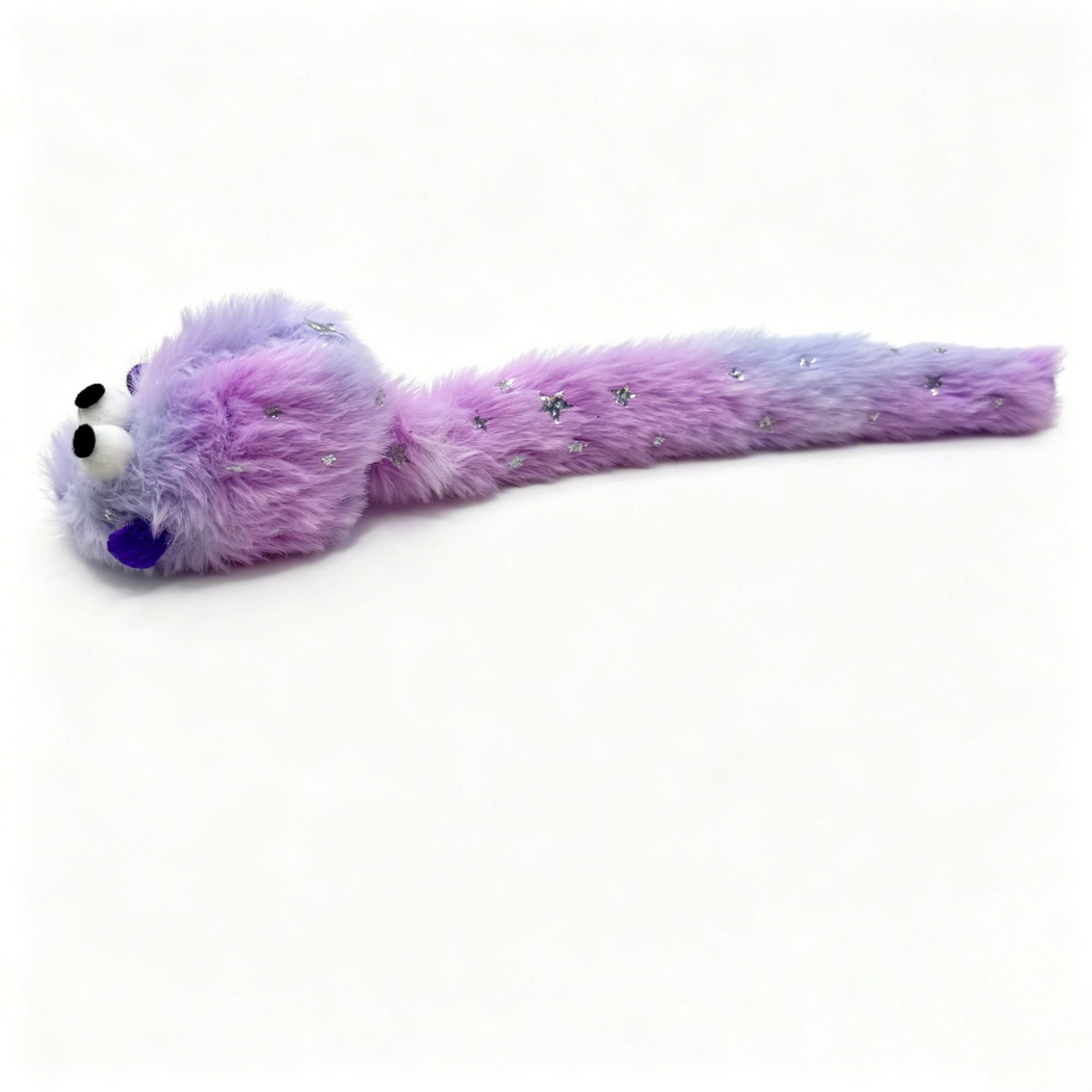 Purple mouse-shaped cat toy with silver star motifs and a long tail