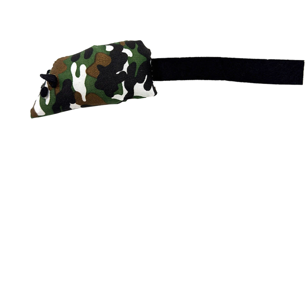 Multicolor camouflage mouse-shaped cat toy with small black ears and a long flat black tail
