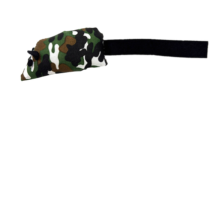 Multicolor camouflage mouse-shaped cat toy with small black ears and a long flat black tail