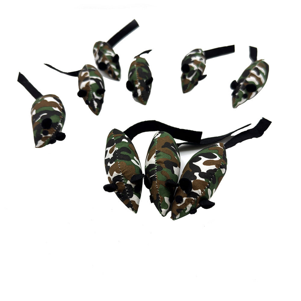 Multicolor camouflage mouse-shaped cat toys with pointed snouts and black ears, viewed from above