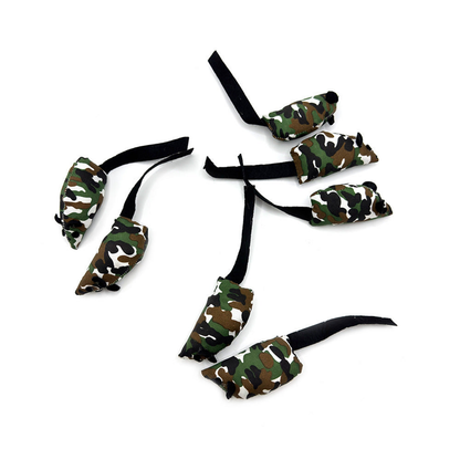 Multicolor camouflage mouse-shaped cat toys showing side profiles and long black tails