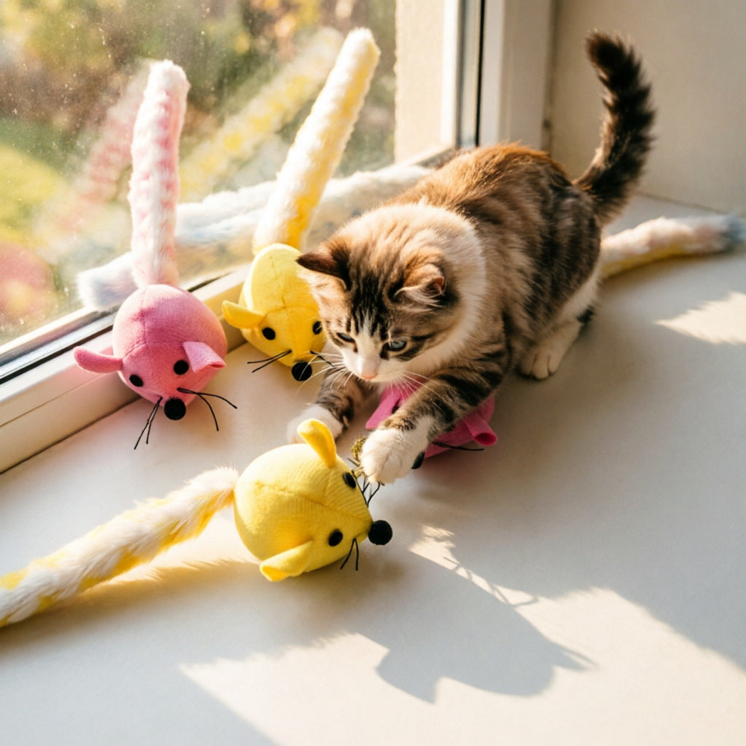 Cat pawing mouse-shaped cat toys on a sunlit windowsill