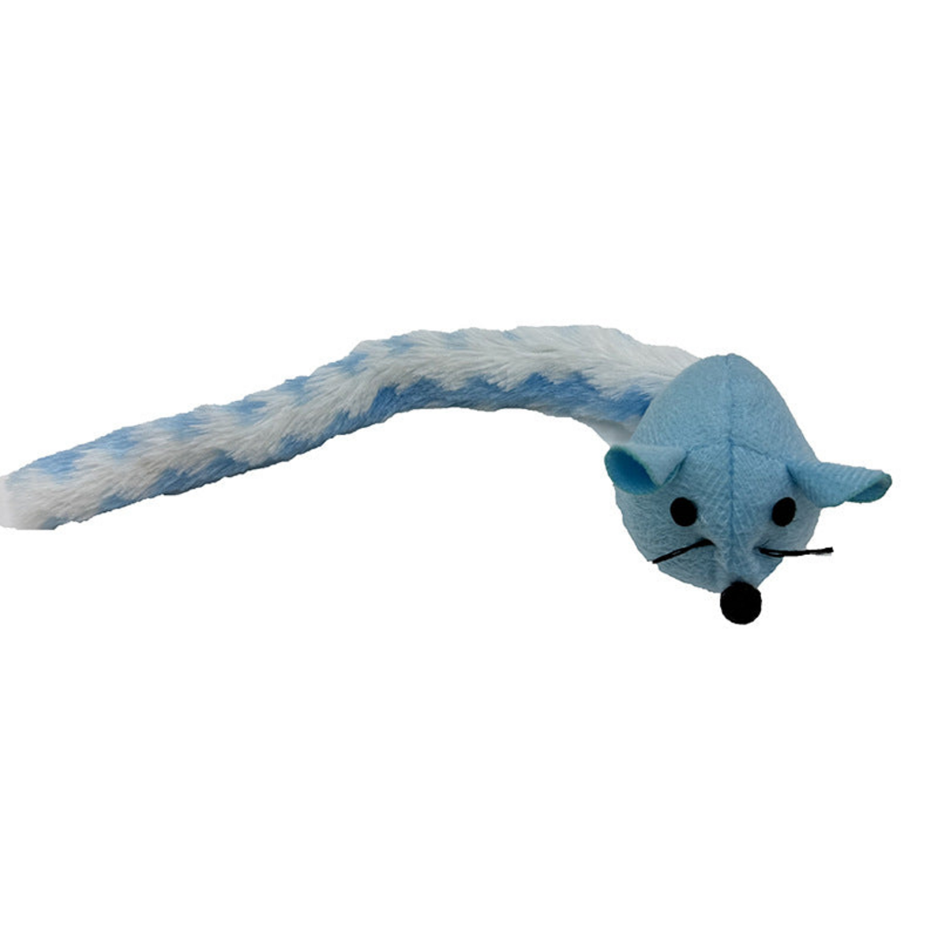 Blue mouse-shaped cat toy with a blue-and-white tail extending beyond the left edge