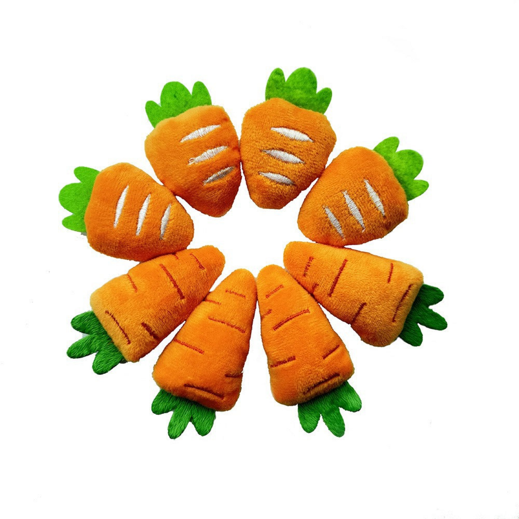 Long and Short orange carrot-shaped cat toys with green tops arranged in a circle