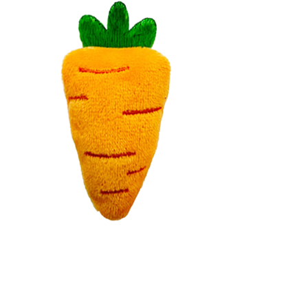 Long orange carrot-shaped cat toy with a green top and dark stitched root markings