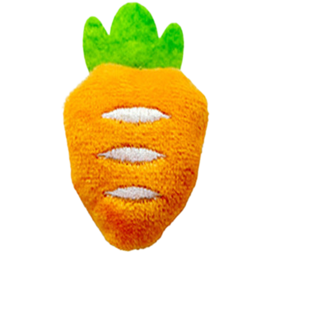Short orange carrot-shaped cat toy with a green top and three white stitched stripes
