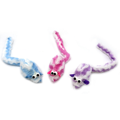 Blue, Pink and Purple mouse-shaped cat toys with white patches and curved long tails