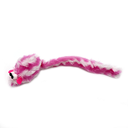 Pink mouse-shaped cat toy with white patches, protruding eyes and a long tail