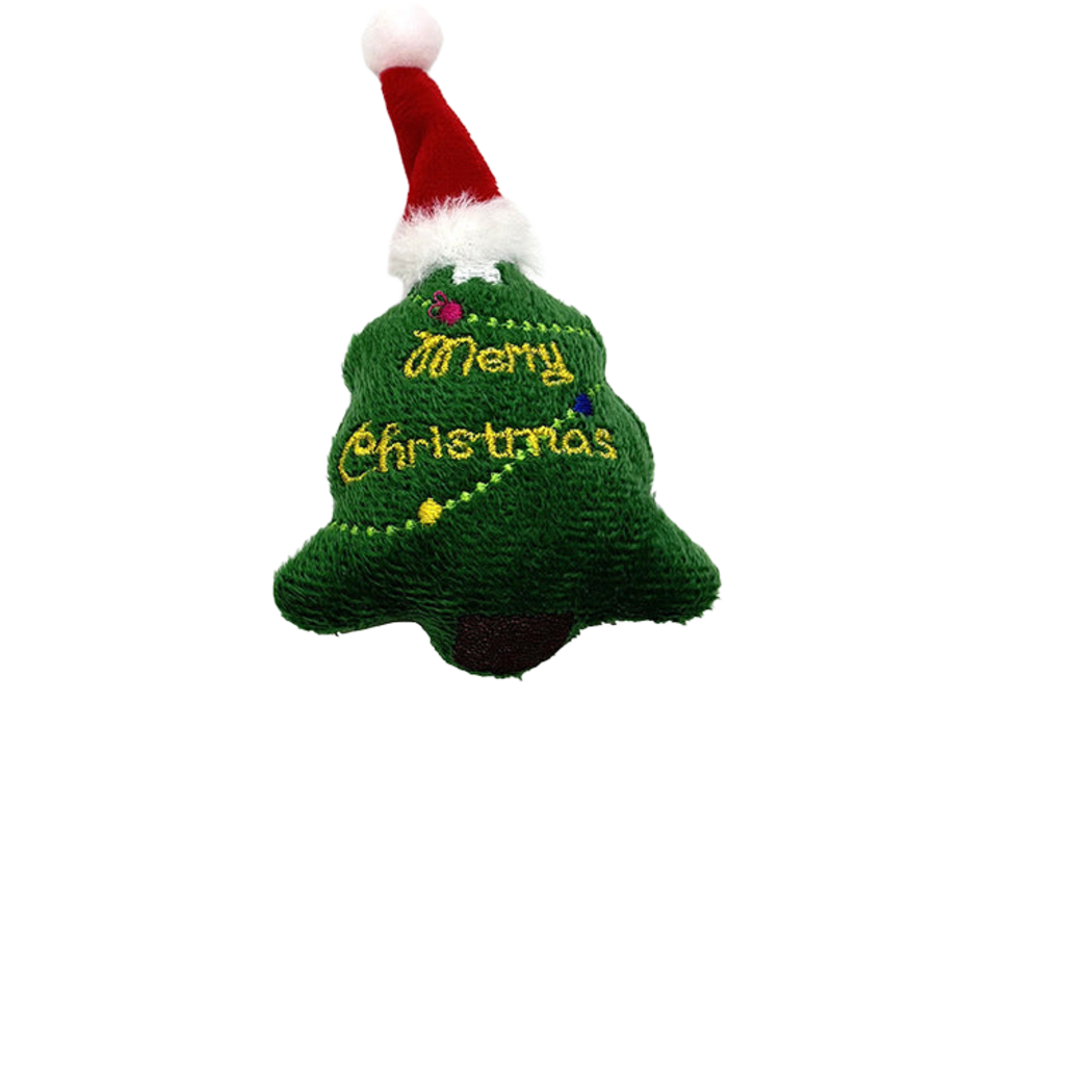 Tree cat toy with a red Santa hat and yellow Merry Christmas lettering, front view