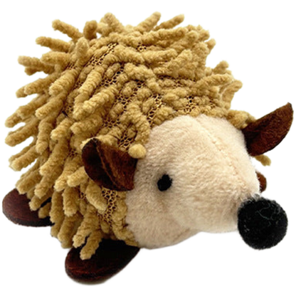 Hedgehog plush cat toy with a tan textured back, cream face and black nose, front three-quarter view