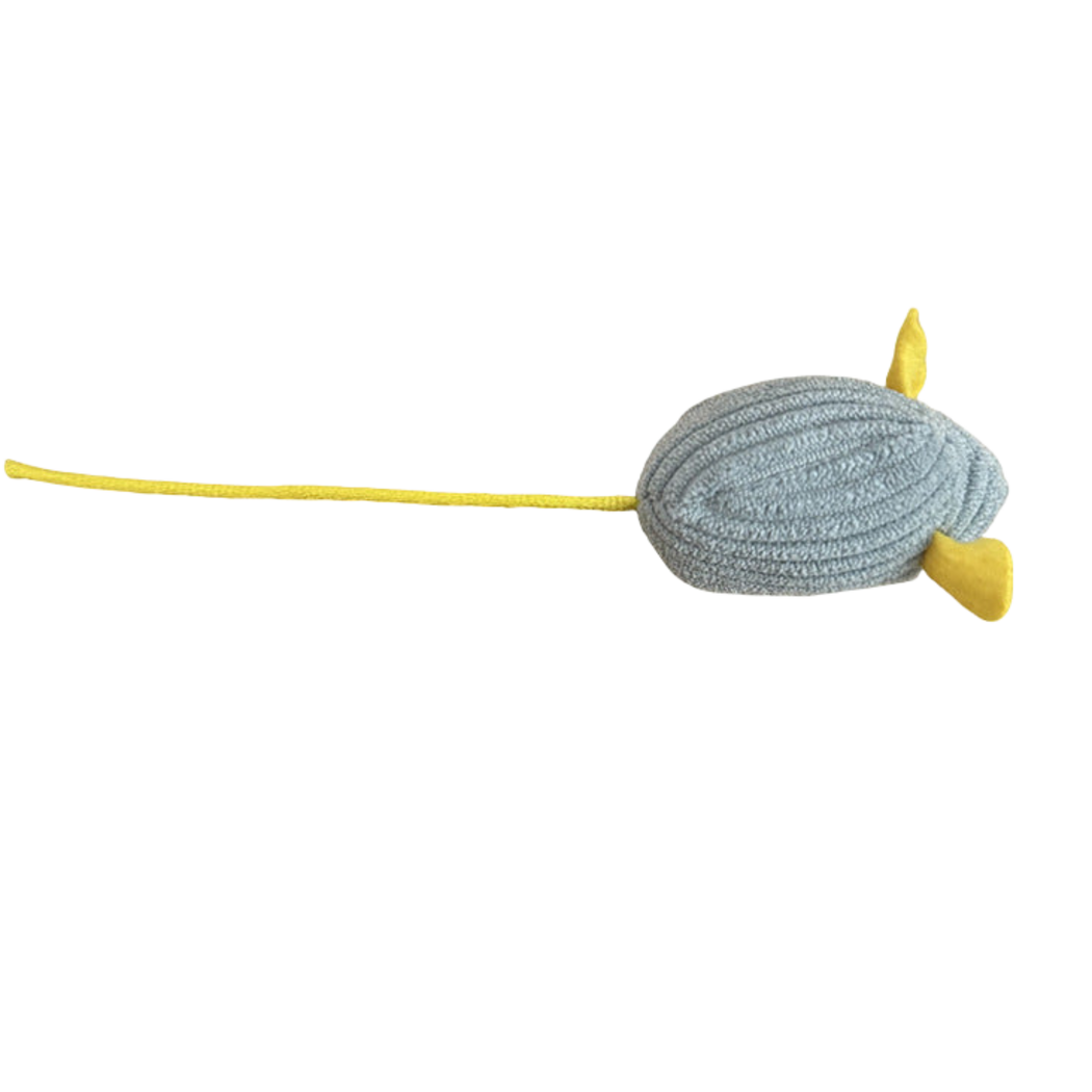 Gray mouse-shaped cat toy with yellow ears and tail, underside view