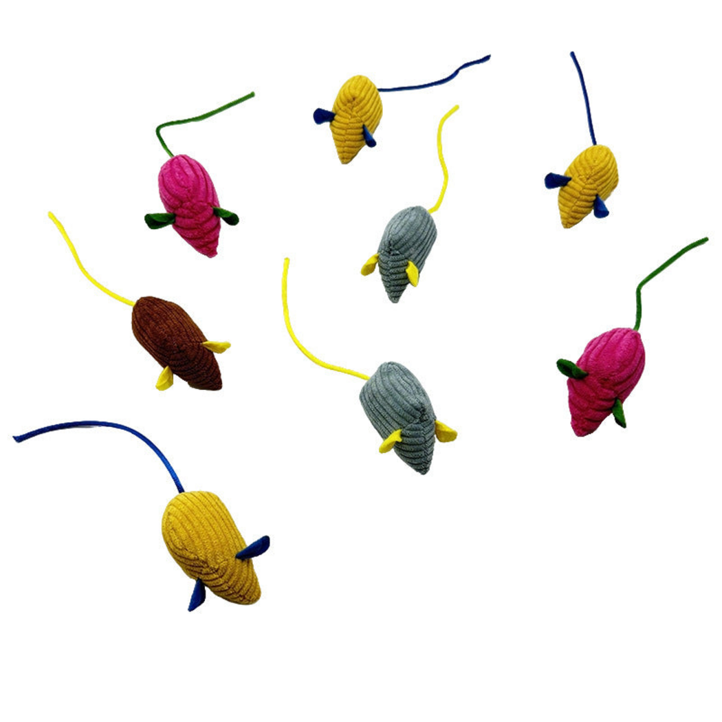 Pink, Yellow, Brown and Gray mouse-shaped cat toys with contrasting ears and long tails