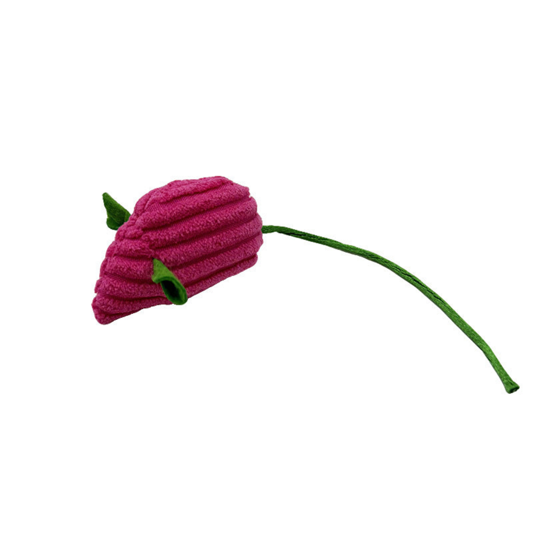 Pink mouse-shaped cat toy with green ears and a long green tail