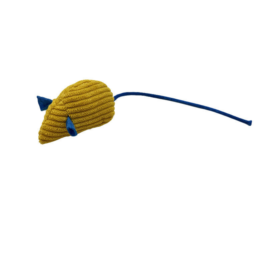 Yellow mouse-shaped cat toy with blue ears and a long blue tail
