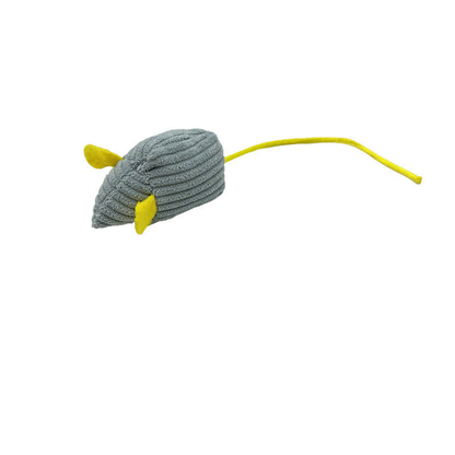 Gray mouse-shaped cat toy with yellow ears and a long yellow tail