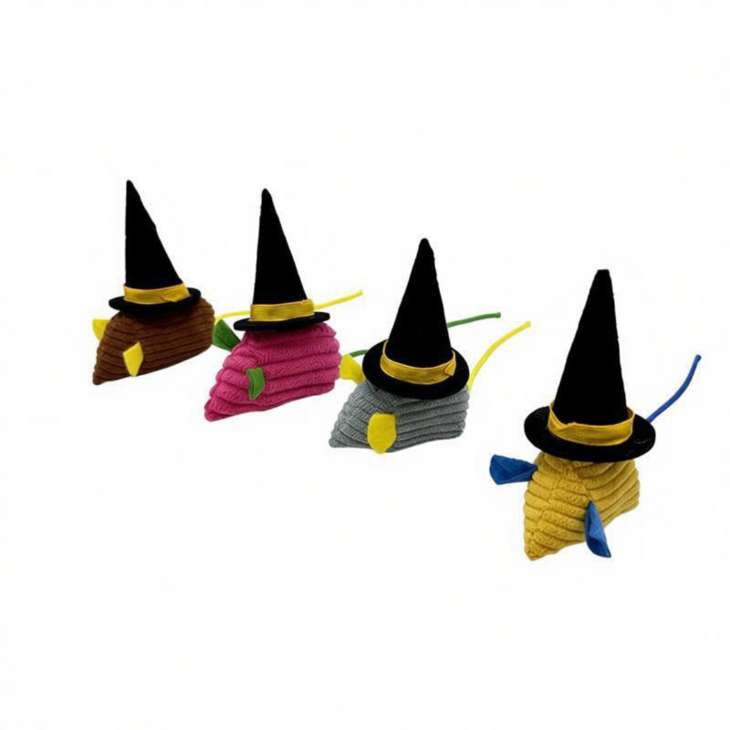 Brown, Pink, Gray and Yellow mouse-shaped cat toys with black pointed witch hats displayed together