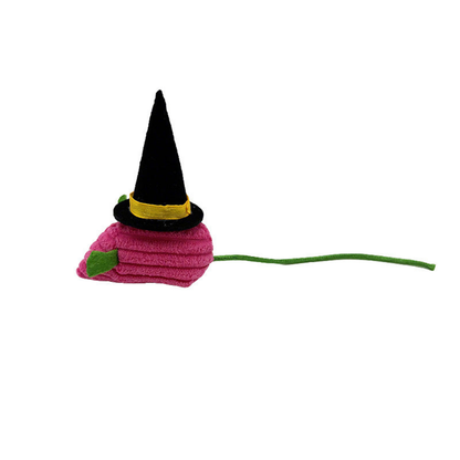 Pink mouse-shaped cat toy with a black pointed witch hat and green cord tail, side view
