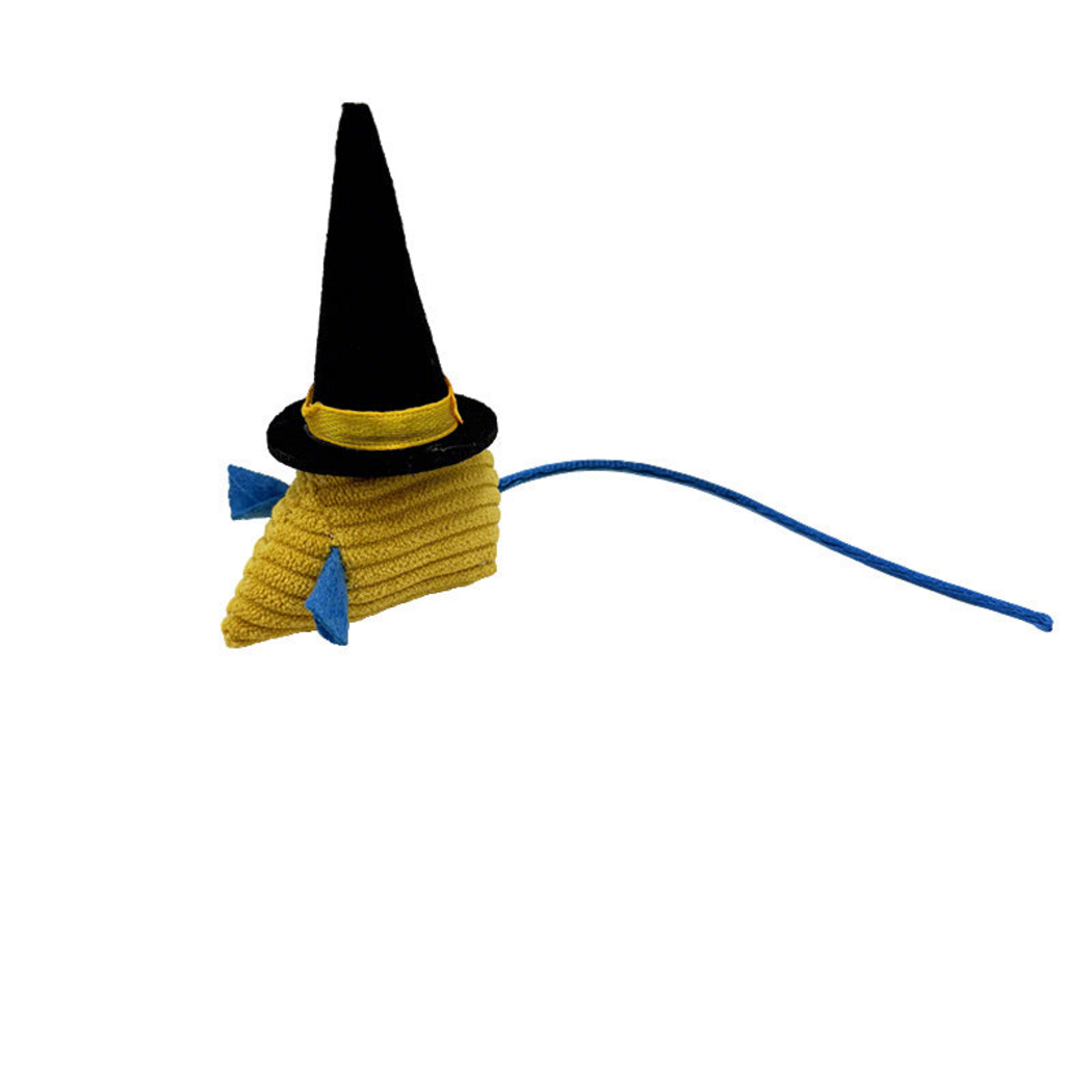 Yellow mouse-shaped cat toy with a black pointed witch hat and blue cord tail