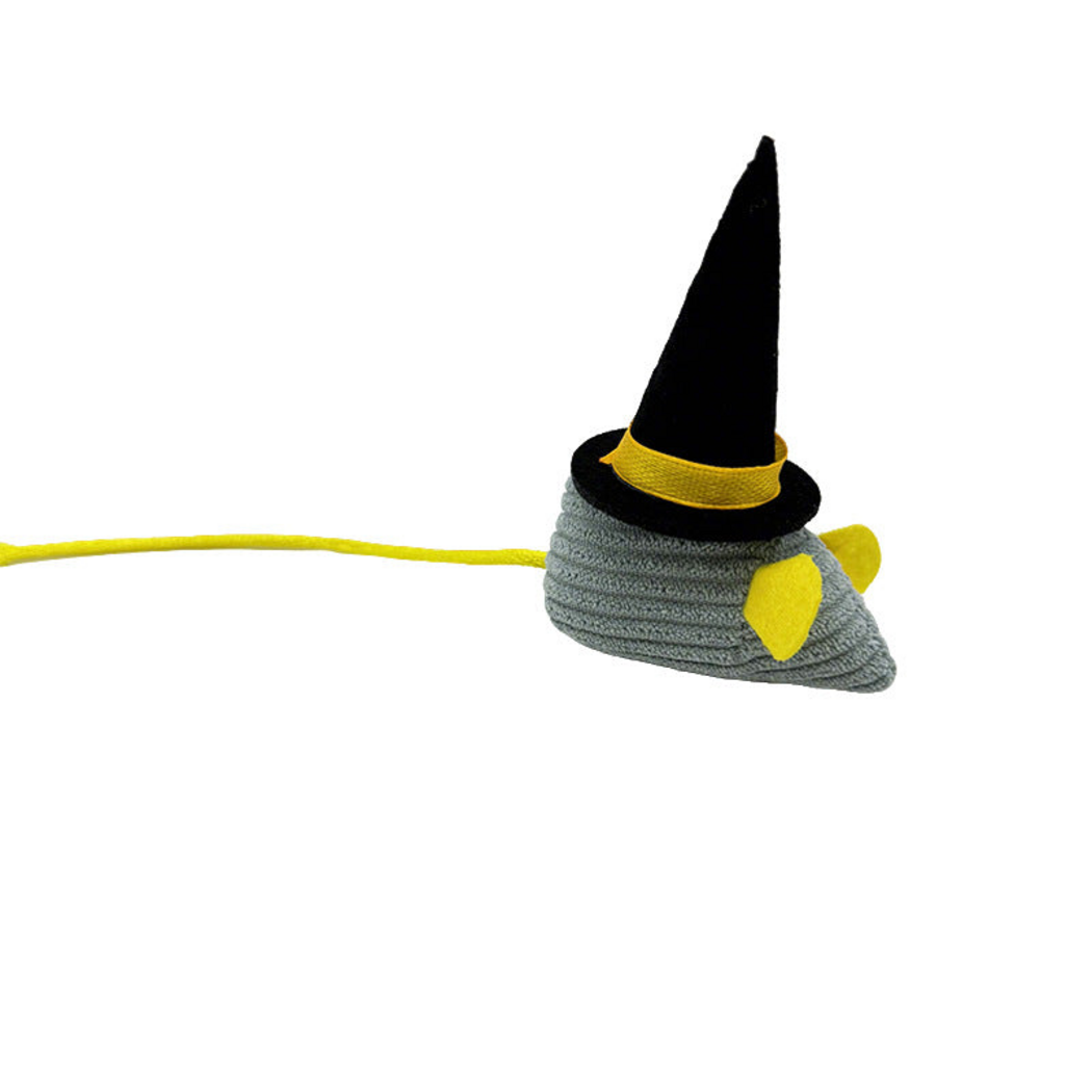 Gray mouse-shaped cat toy with a black pointed witch hat and yellow tail extending beyond the left edge