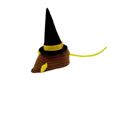 Brown mouse-shaped cat toy with a black pointed witch hat and yellow cord tail