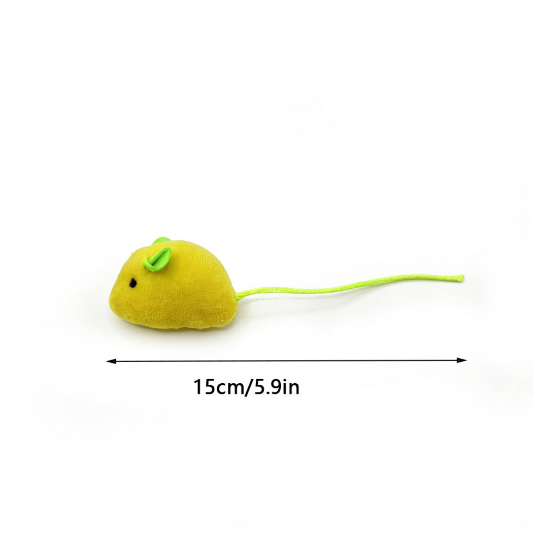 Yellow mouse-shaped cat toy with green cord tail and measurement annotation