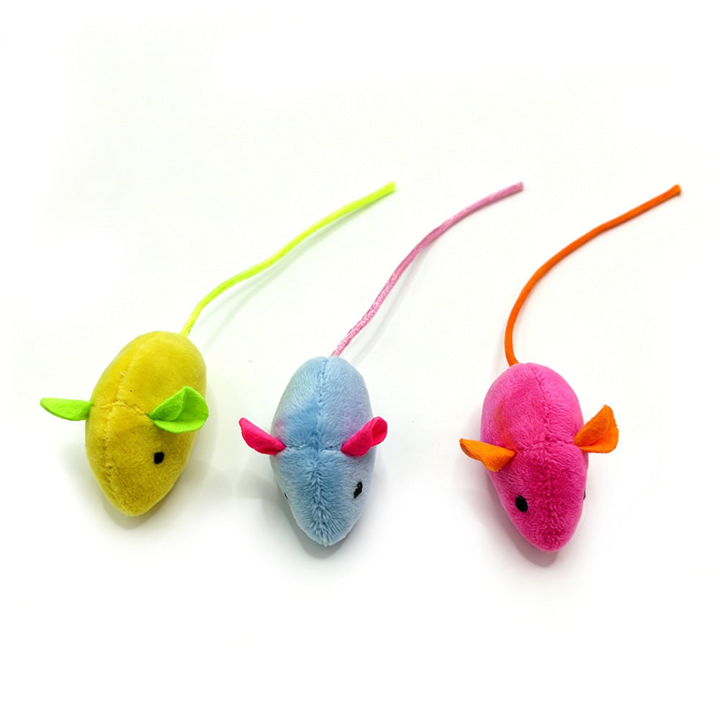 Yellow, Blue and Pink mouse-shaped cat toys viewed from above