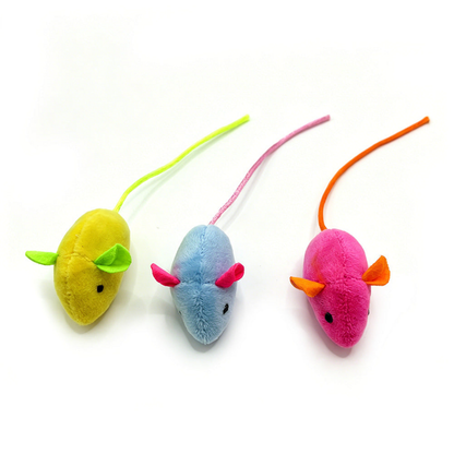 Yellow, Blue and Pink mouse-shaped cat toys viewed from above
