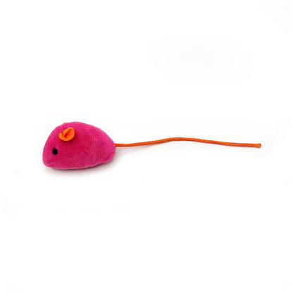Pink mouse-shaped cat toy with orange ears and a long orange cord tail, side view