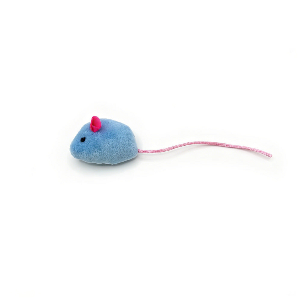 Blue mouse-shaped cat toy with pink ears and a long pink cord tail, side view