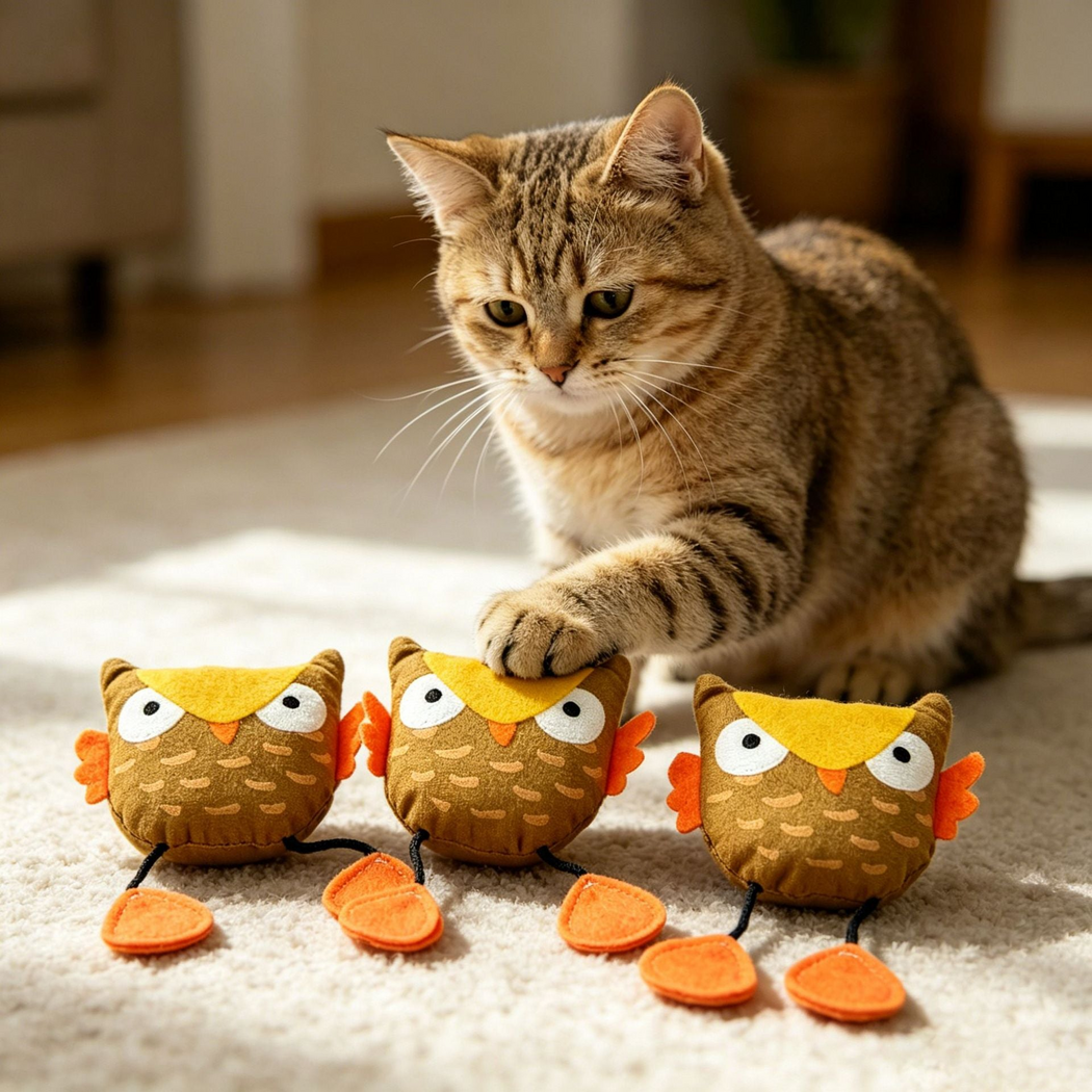 Cat resting a paw on an owl cat toy beside two matching toys on a rug