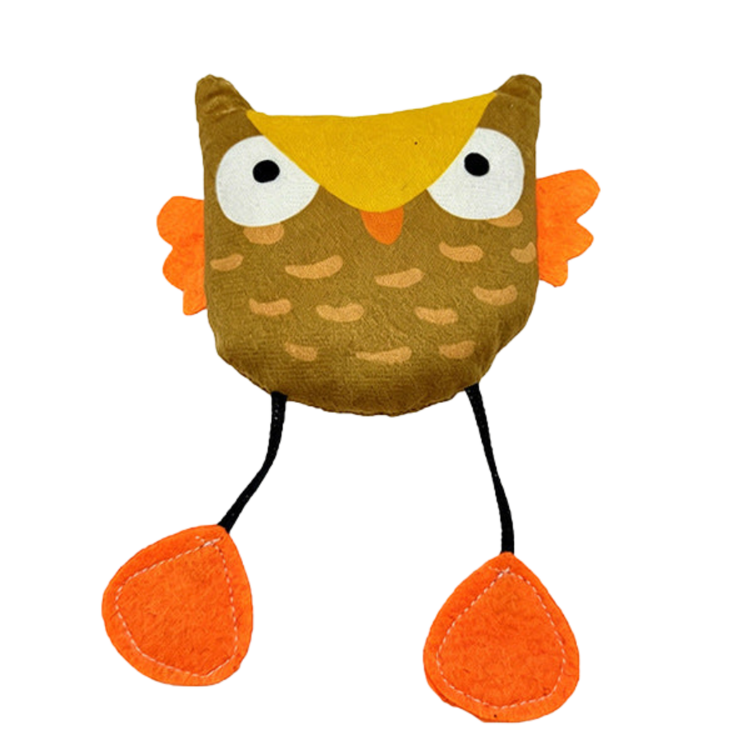 Owl cat toy with a yellow forehead patch, black cord legs and orange feet, front view