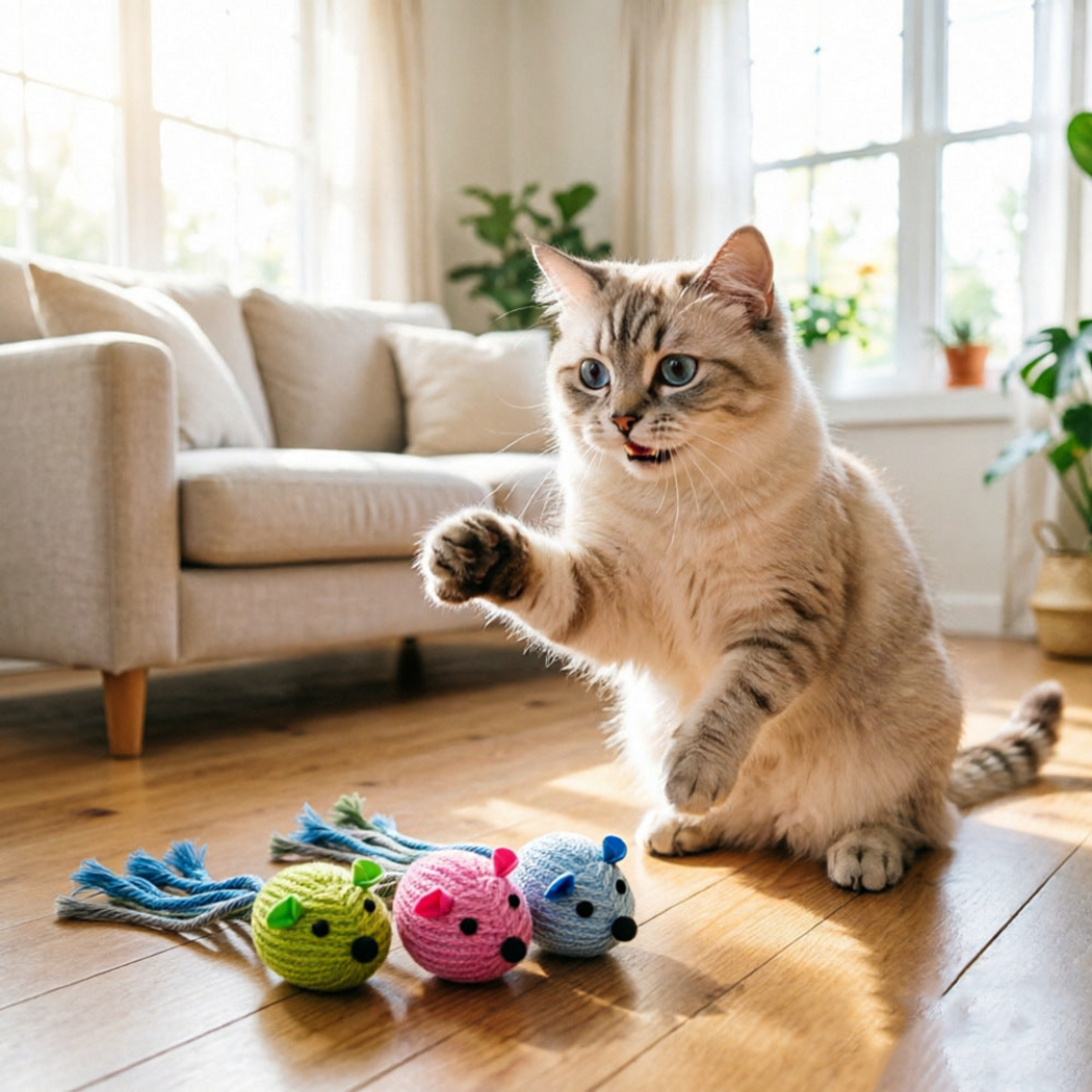 Cat beside three mouse-shaped cat toys on a wooden floor