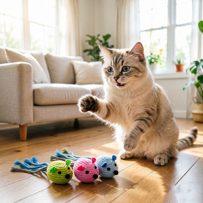 Cat beside three mouse-shaped cat toys on a wooden floor