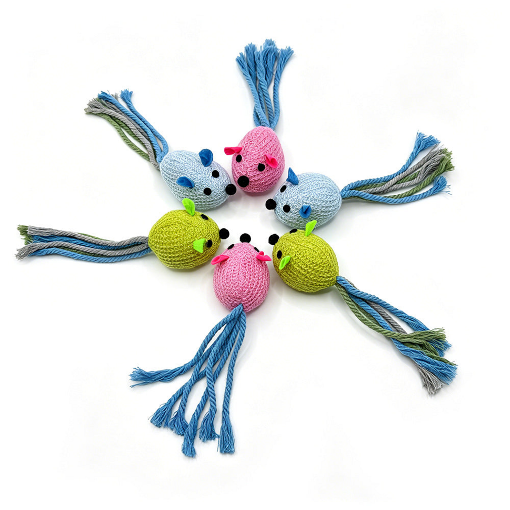 Mouse-shaped cat toys arranged in a circle with rope tails extending outward