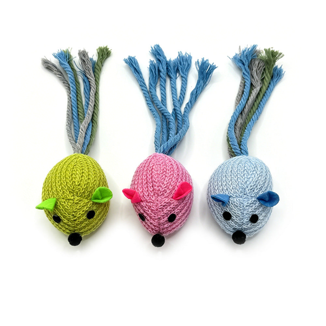 Green, Pink and Blue mouse-shaped cat toys displayed together