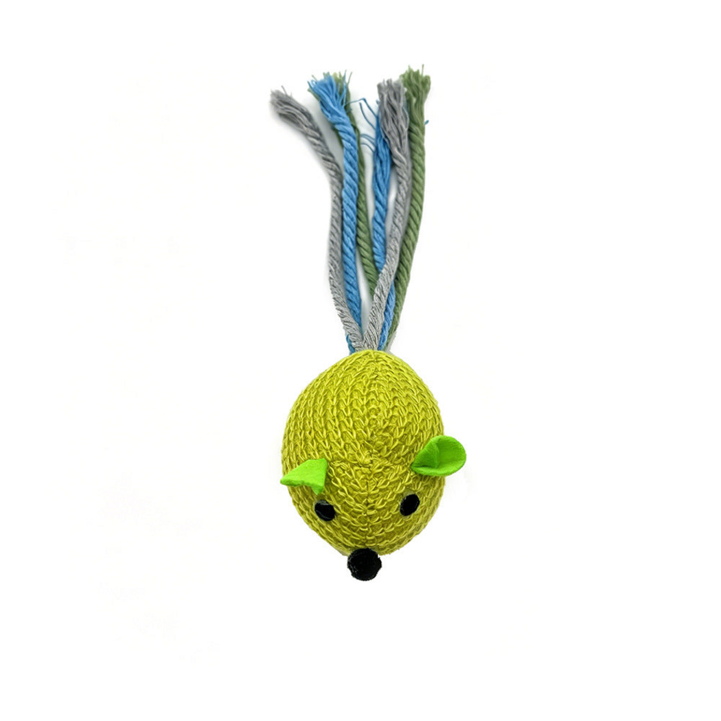Green mouse-shaped cat toy with a knitted body and multistrand rope tail