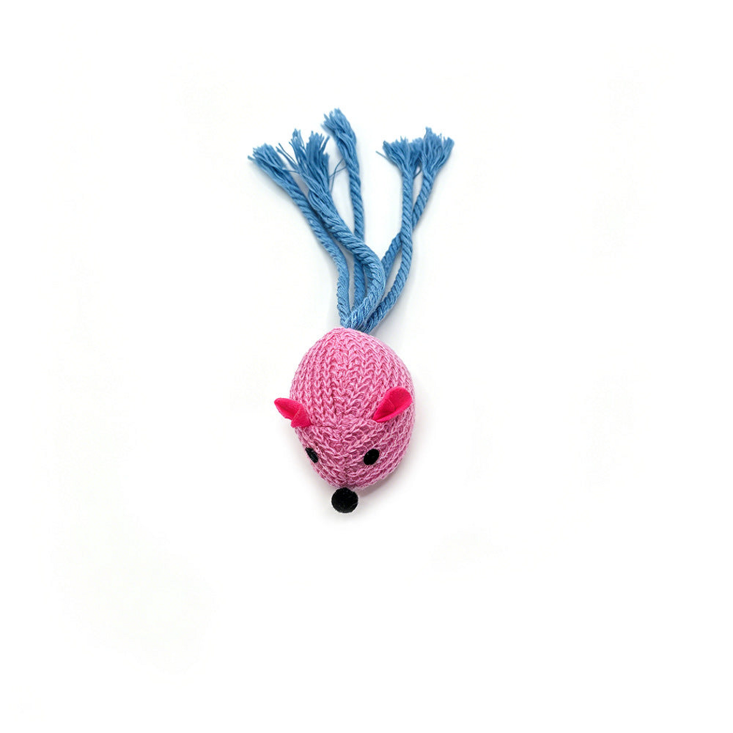 Pink mouse-shaped cat toy with a knitted body and blue rope tail
