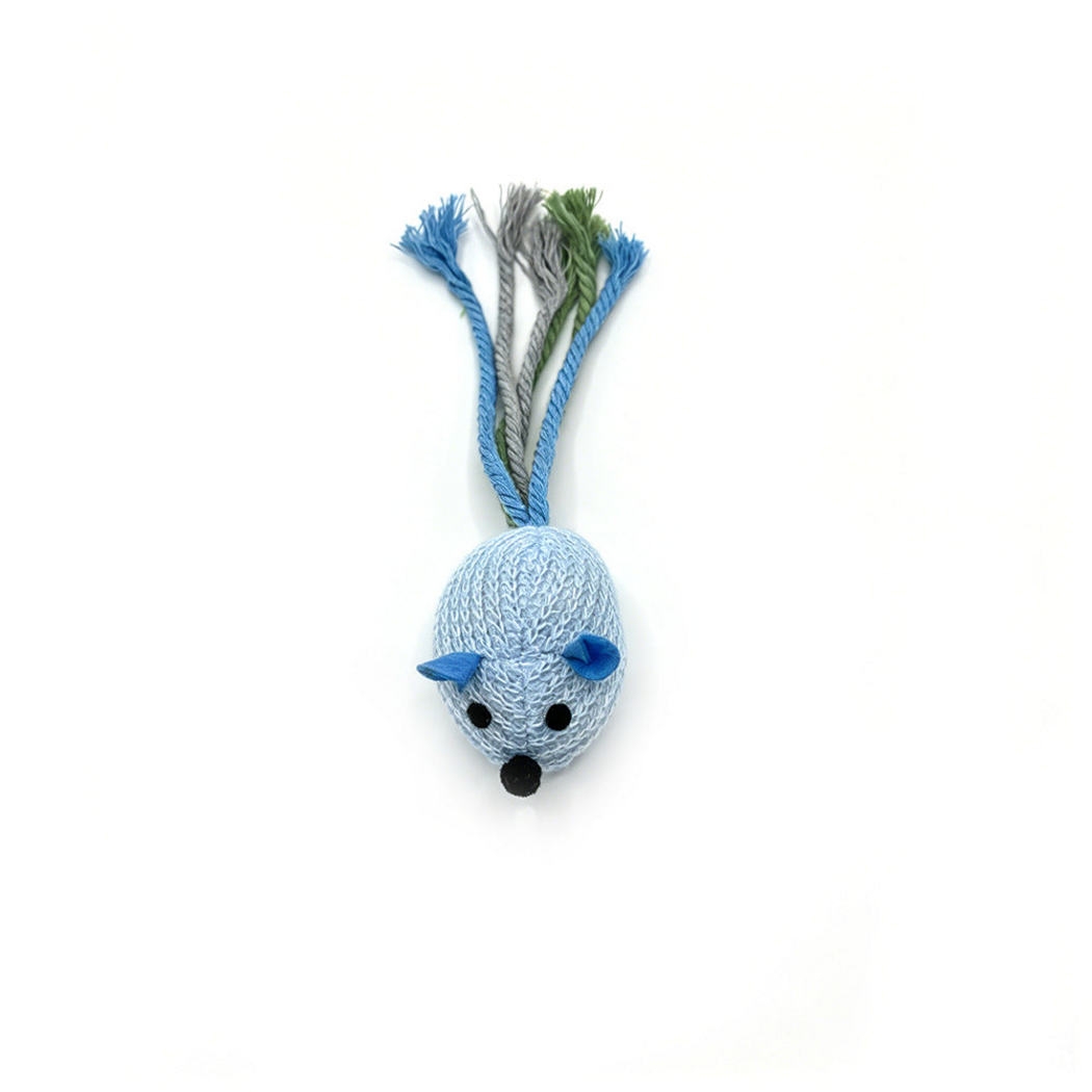 Blue mouse-shaped cat toy with a knitted body and multistrand rope tail