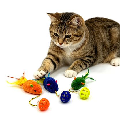 Cat reaching toward Orange, Blue and Green mouse-shaped cat toys with feather tails and attached balls