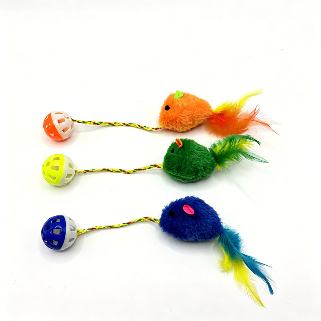 Orange, Green and Blue mouse-shaped cat toys in side view with braided cords and perforated balls